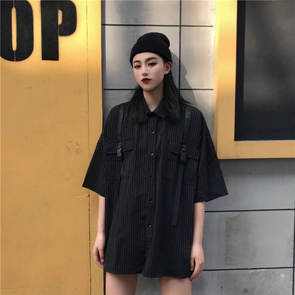 summer ins dark streamers vertical stripes loose short-sleeved shirt tops tide