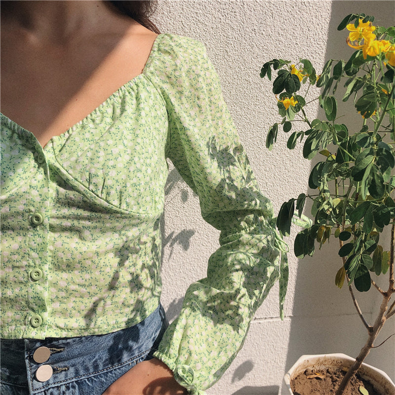 French girl sweet fruit green tie shirt holiday style