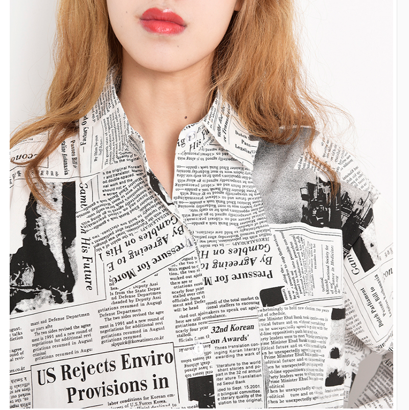 Loose Medium Length Newspaper Printed Shirt