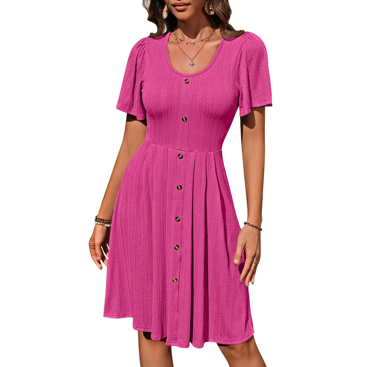 Robe d'été à manches courtes et col en U pour femmes, tenue de vacances décontractée, couleur unie, avec boutons, Design à la mode