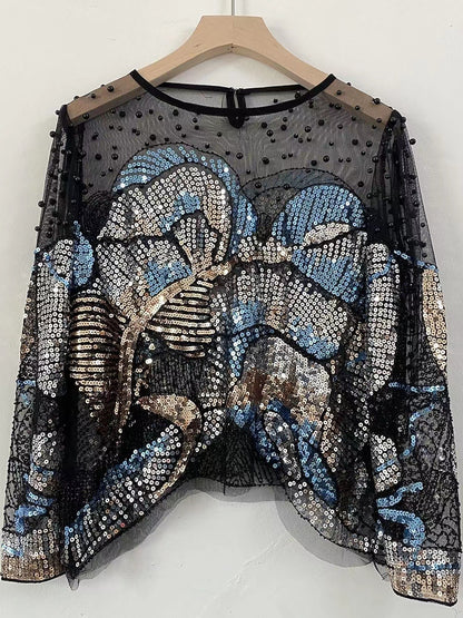 Light Luxury Beaded French Fashion Versatile Handmade Sequin Top