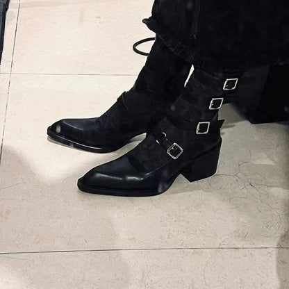 Botas de verano para mujer con sandalia puntiaguda hasta media pantorrilla y hebilla romana