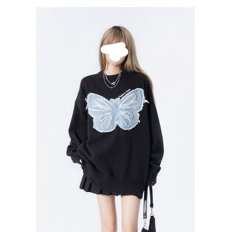 Women's Niche Butterfly American Retro Denim Embroidered Sweater