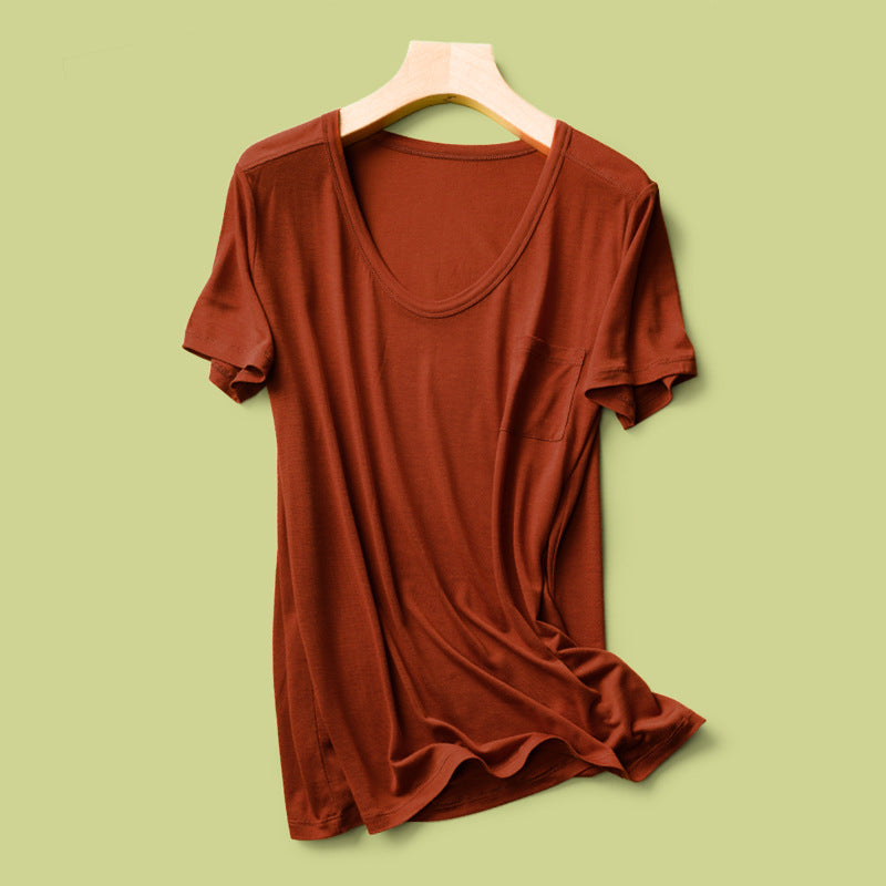 Pocket silk round neck short sleeves