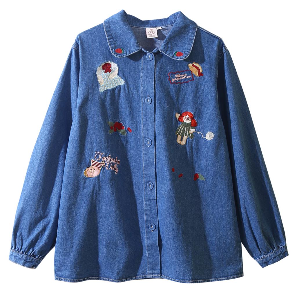 Childlike cute blue denim long sleeve shirt shirt women