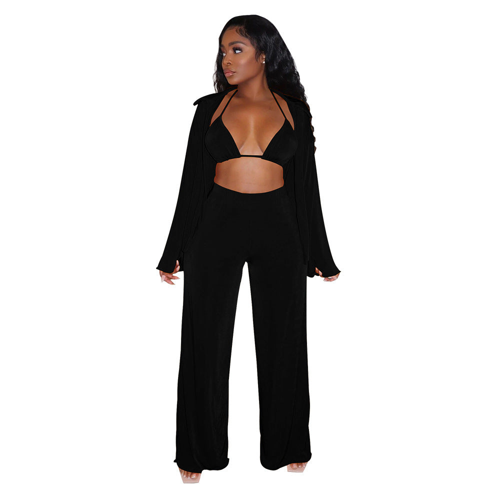 Women's Fashion Casual Long Sleeve Bikini Wide Leg Pants Suit