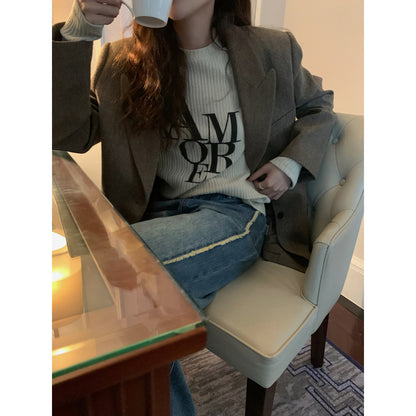 Autumn And Winter Striped Slimming Top Women's Round Neck Letter Print Long-sleeved T-shirt Women