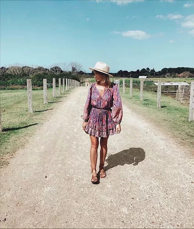 Bohemian resort-style print long sleeve dress