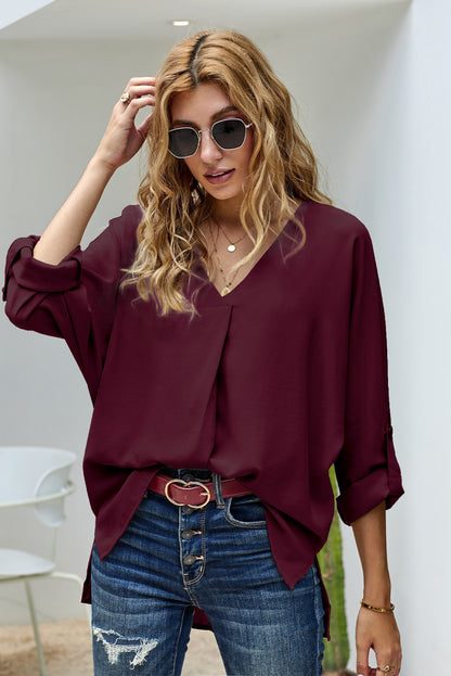 Blouse à col en V et manches retroussées