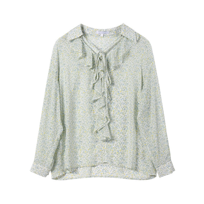 Camisa floral francesa con solapa y serpentina para mujer