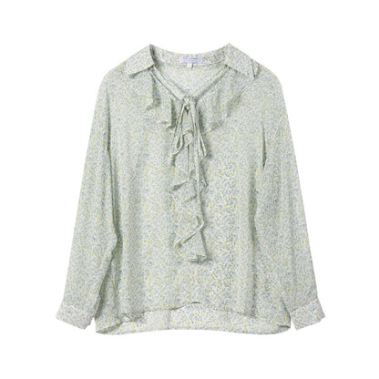 Women's Lapel Streamer French Floral Shirt