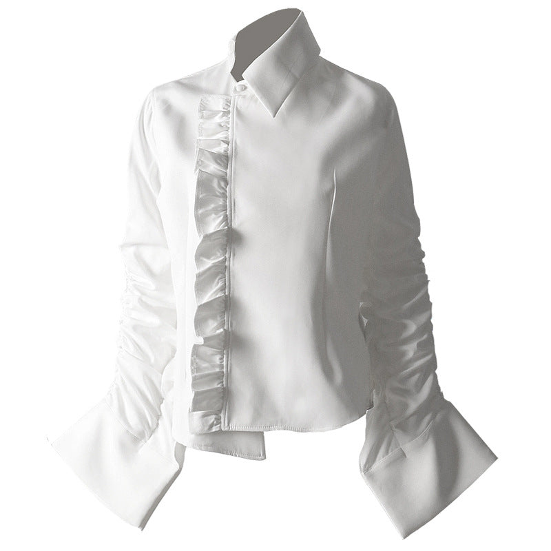 European Station Spring and Summer New Design Sense White Shirt Women''s Asymmetrical Pleated Individual Minority Shirt 1075