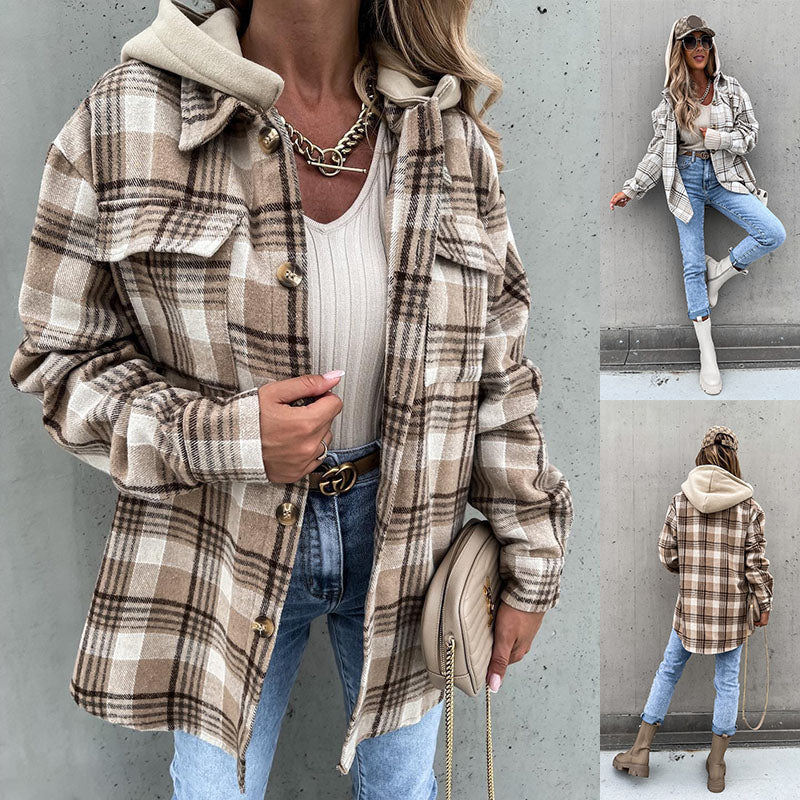 Chaqueta de lana para mujer Ins, abrigo con capucha a cuadros a la moda de invierno con gorra desmontable y bolsillos, camisa de diseño, prendas de vestir exteriores