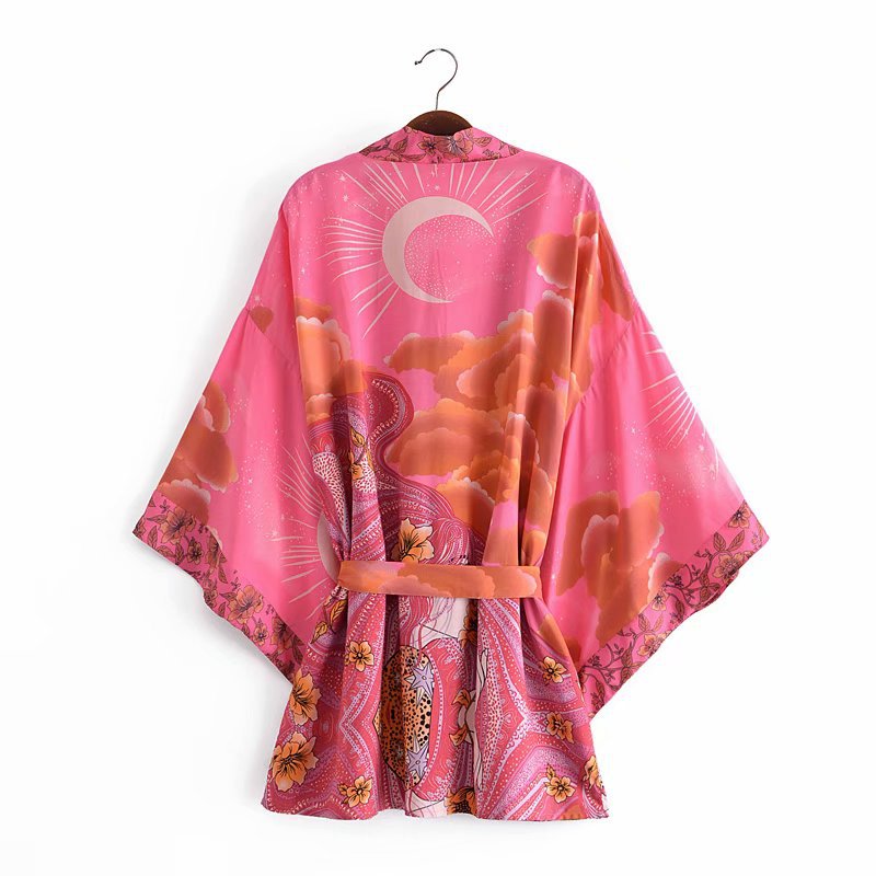 Cardigan ample ceinturé imprimé lune, kimono pour femme