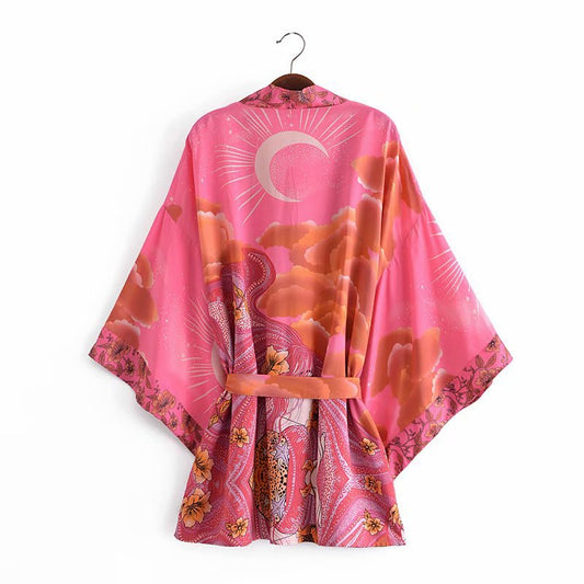 Loose Belted Moon Print Cardigan Kimono Women's