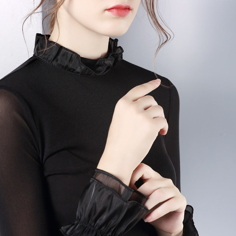 Lotus leaf collar mesh bottoming shirt