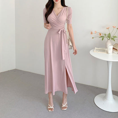 Slimming Lace Up Pure Color Split Short Sleeve Overknee Dress