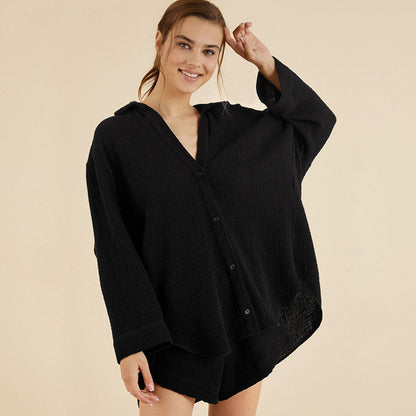 Double Layer Gauze Loose Fitting Shirt Shorts