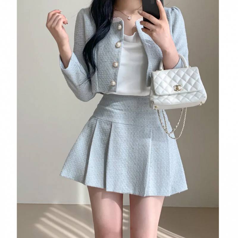 Round Neck Short Coat High Waist Slimming Pleated Skirt Two-piece Set