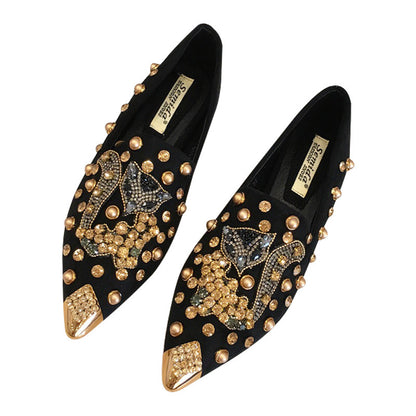 Women's Rhinestone Pointed Toe Rivet Flat Shoes