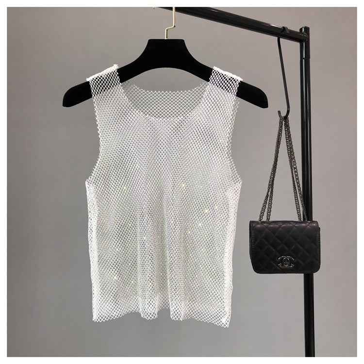 Rhinestone Mesh Waistcoat Women's Light Diamond Hollow Sleeveless Top