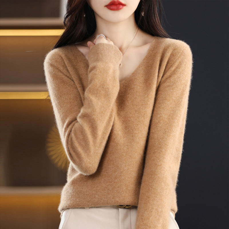 Women's Knitted New V-neck Pullover Sweater Wool Base Shirt