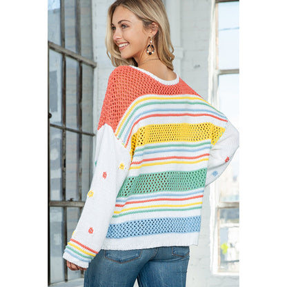 Jersey a rayas de arco iris para mujer, suéter de cuello redondo con contraste de dopamina a la moda europea y americana