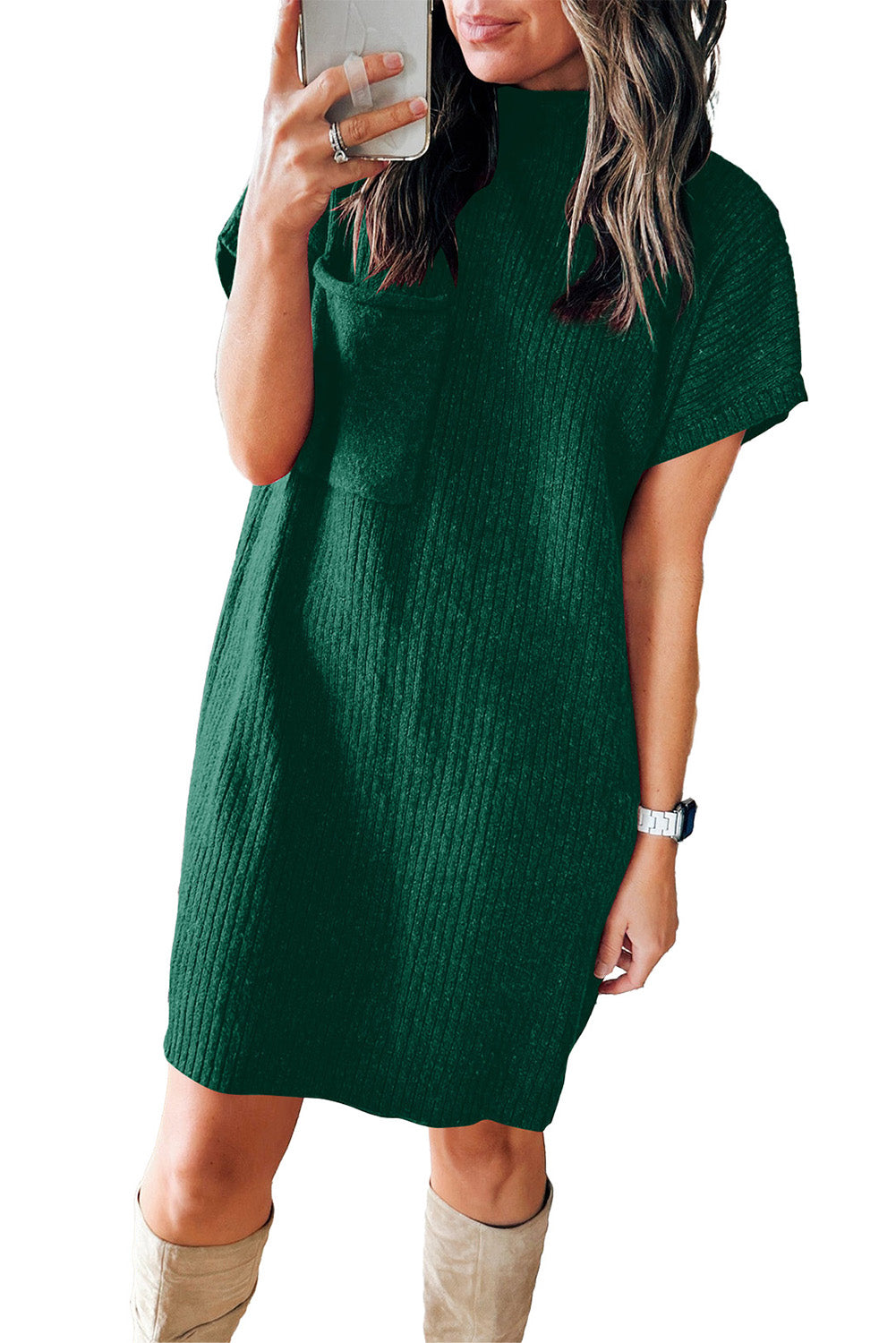 Blackish Green Patch Pocket Ribbed Knit Short Sleeve Sweater Dress