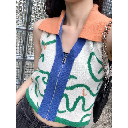 Gilet tricoté Colorblock personnalisé de style coréen pour femmes