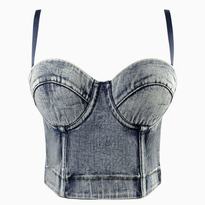 Camisole en denim rétro américain teint en arête de poisson grise