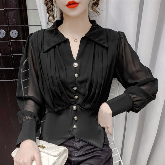 Chiffon Long Sleeve Shirt Ladies Casual Single Breasted Pleated Lapel Semi