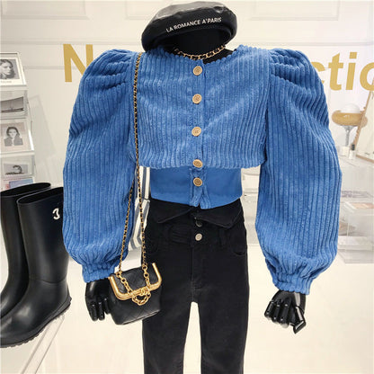 Women's short puff sleeve button corduroy jacket