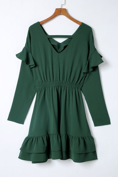 Green Solid Color Ruffled V Neck High Waist Mini Dress