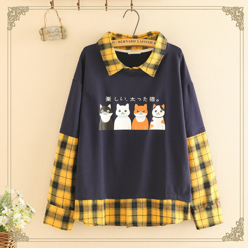 Sweater Fake Two-Piece Stitching Plaid Girl Big Boy New Loose Four Cats Print