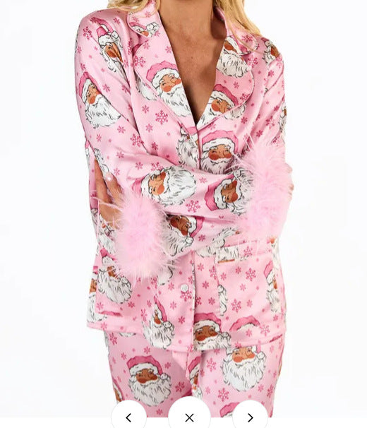 Women's Satin Printed Santa Claus Casual Suit Pajamas