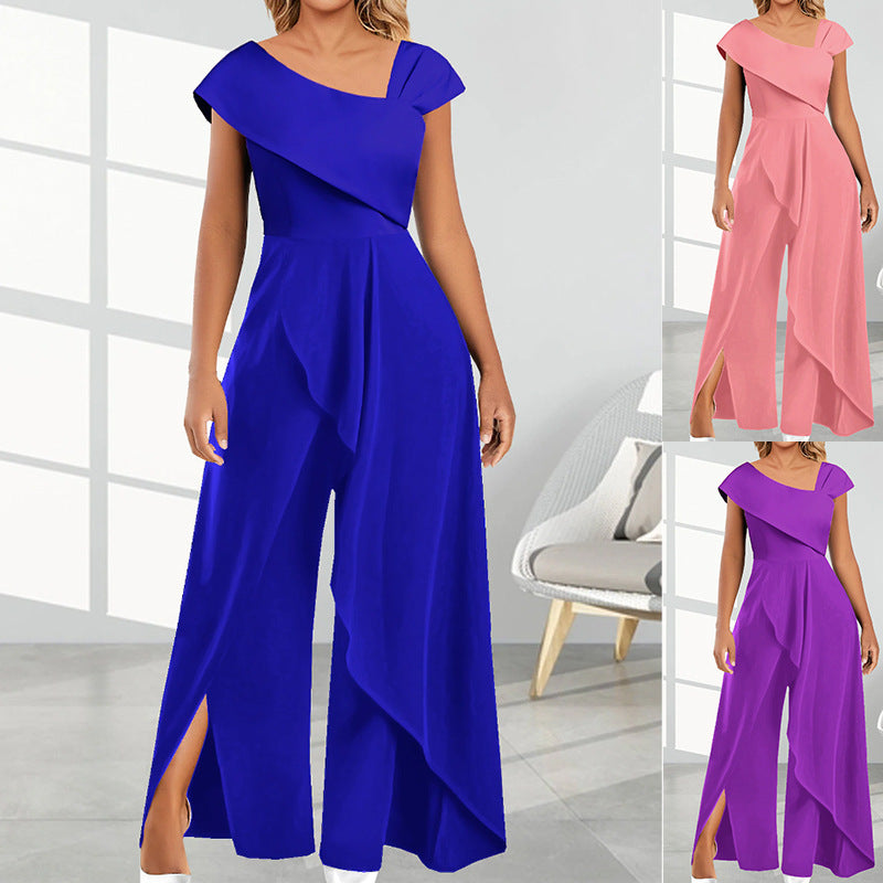 Women's Fashion Temperament Diagonal Collar Solid Color Jumpsuit