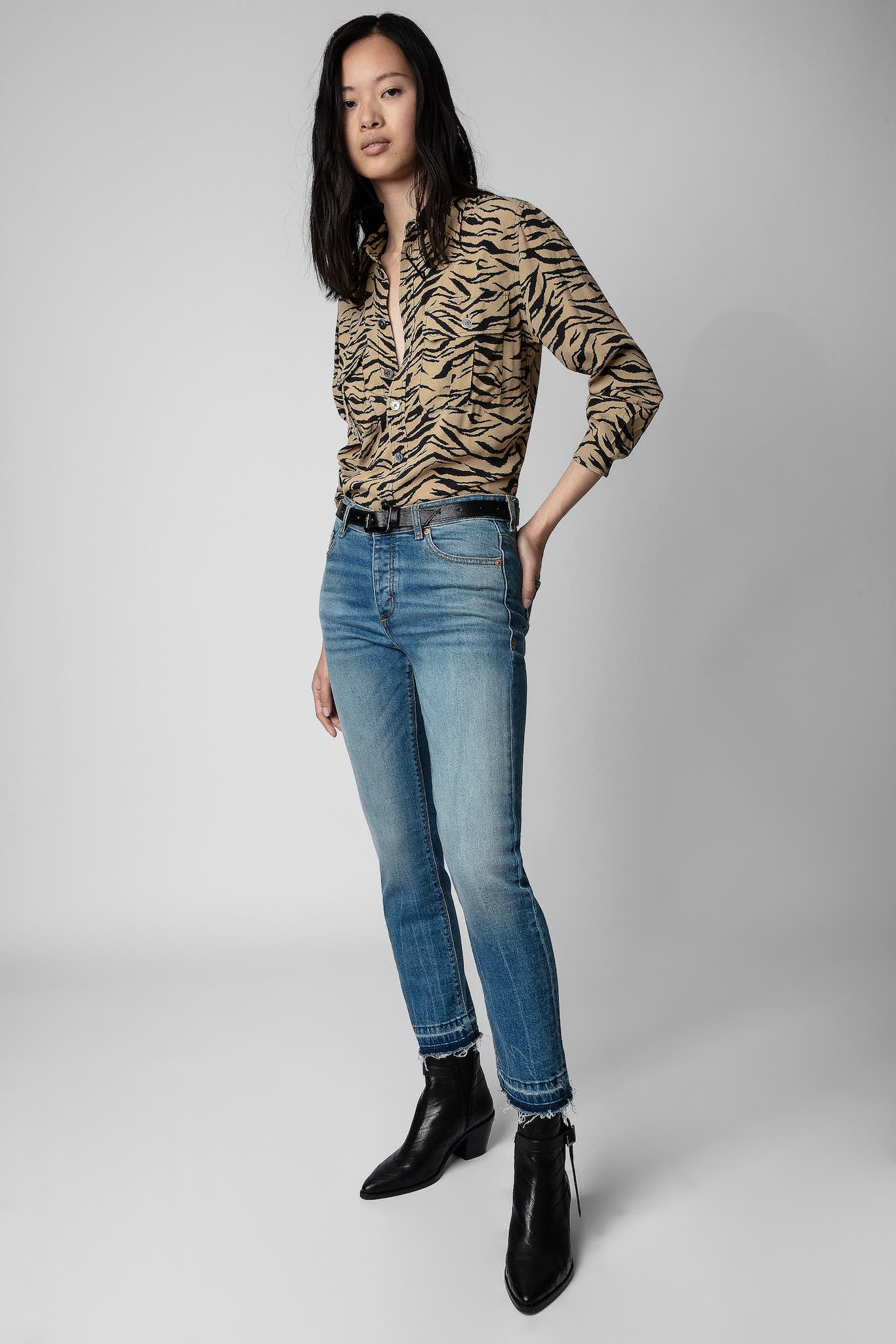 French Women's Early Autumn Tiger Pattern Pocket Long-sleeved Shirt