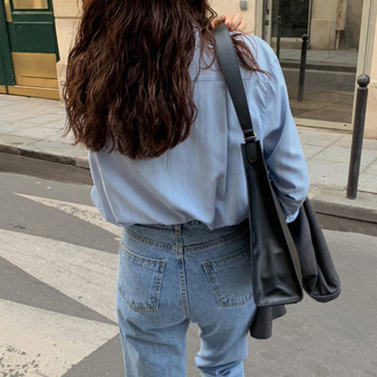 Camisa azul con camisa holgada de manga larga y largo medio para mujer