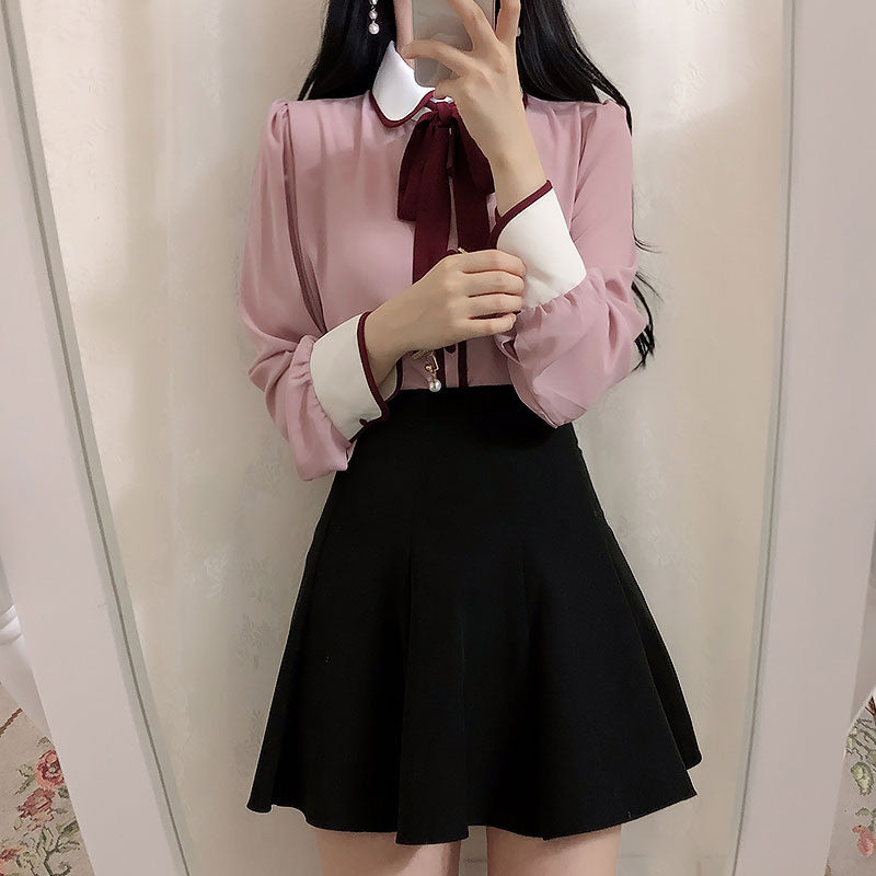 Temperament bottoming shirt bow chiffon shirt