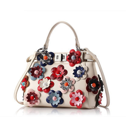 Bolso de piel de vaca, bolso de mano, mini bolso de hombro con flores, bolso diagonal para mujer