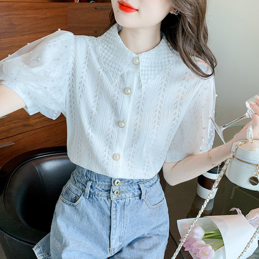 Short-sleeved Lace Shirt Top Elegant Foreign Style Hollow Shirt