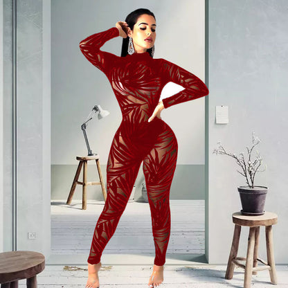 Women's Mesh Hollow Sheer Long Sleeve Tight Jumpsuit