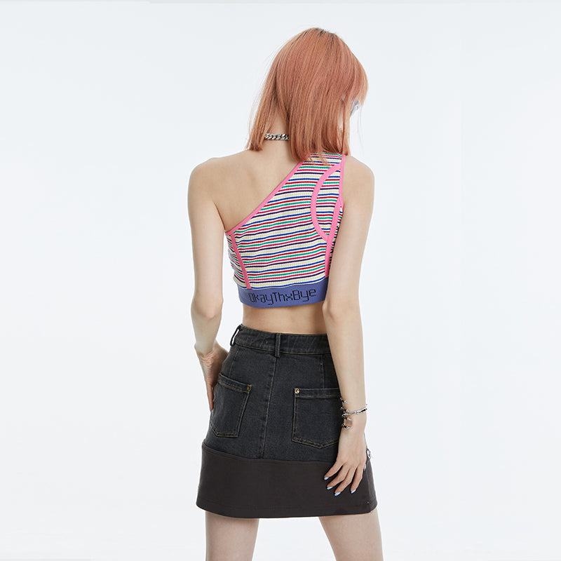 Striped Contrast Slanted Shoulder Asymmetric Tank Top