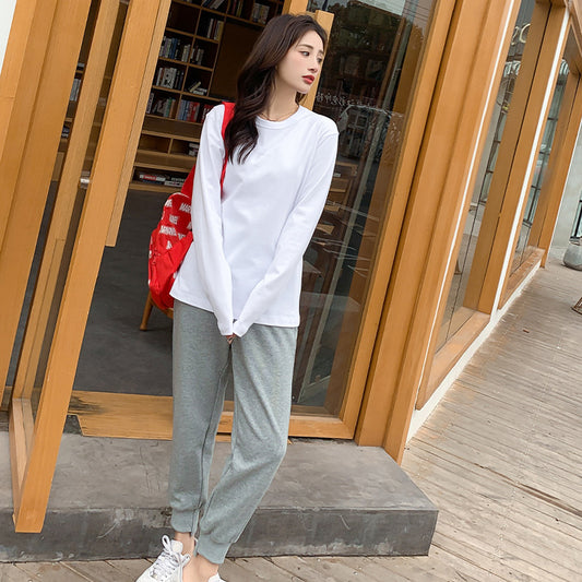 Cotton Brushed White Long-sleeved Shirt Loose Large Size Versatile Round Neck Bottoming Shirt For Women Autumn And Winter