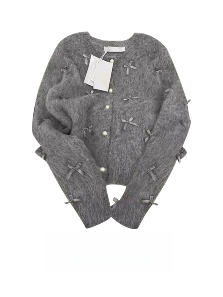 Pull à nœud gris pour femme, Cardigan tricoté en Mohair doux et gluant, élégant, manteau Chanel, automne et hiver