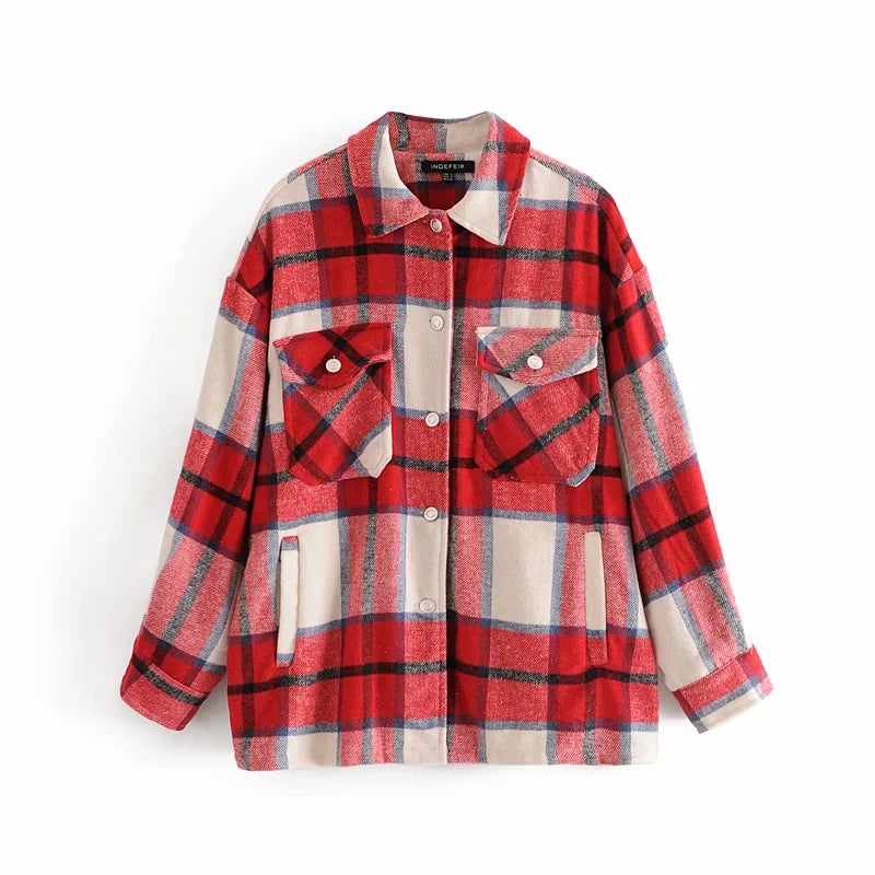 Lazy style lapel classic plaid tweed loose shirt jacket