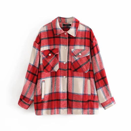 Lazy style lapel classic plaid tweed loose shirt jacket