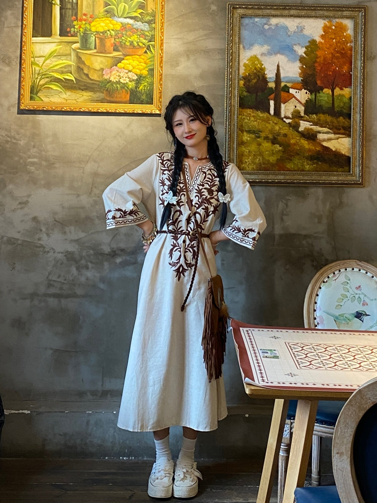 Ethnic Style Embroidered Cotton And Linen Dress