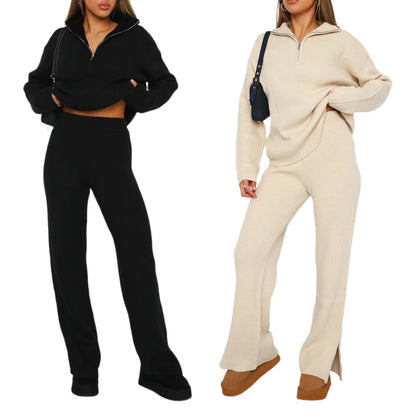 Pure Color Comfort Wool Zipper Long Sleeve Trousers Suit