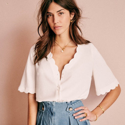 Camisa con temperamento y manga de cinco puntos con cuello en V y pétalos Blusa que combina con todo Mujer